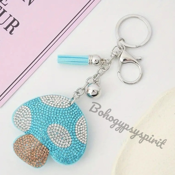 🍄 Mushroom Crystal Rhinestone Keychain Bag Charm With Blue Tassel - Picture 3 of 11
